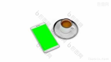 浓缩咖啡和智能手机，白色背景上的绿色显示屏
